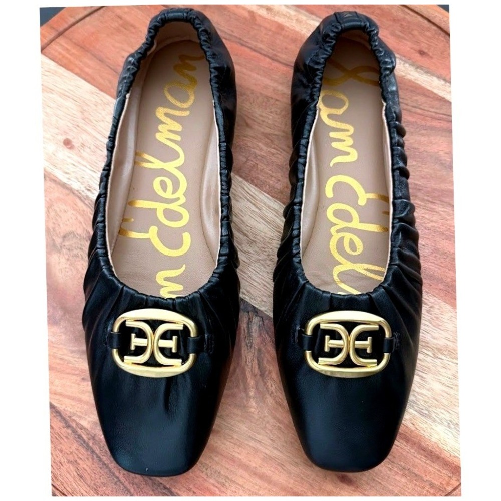 Sam Edelman Michaela Black Leather Womens 8 Square Toe Ballet Flats Gold‎ Logo